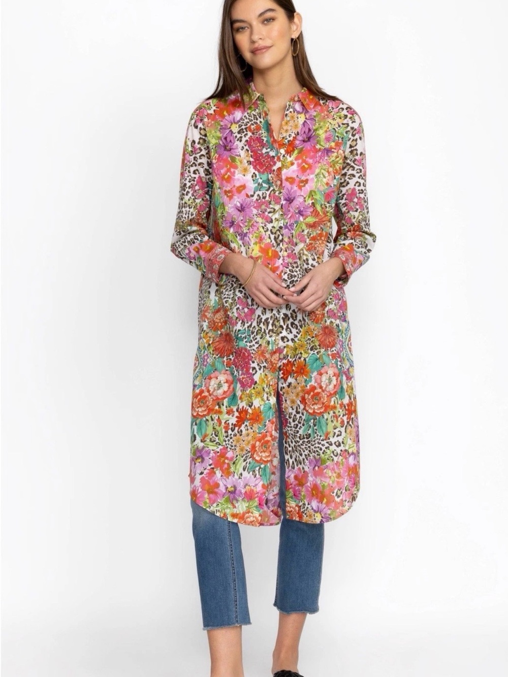 Johnny Was Wild Garden Floral & Leopard Print Long Sleeve Tunic